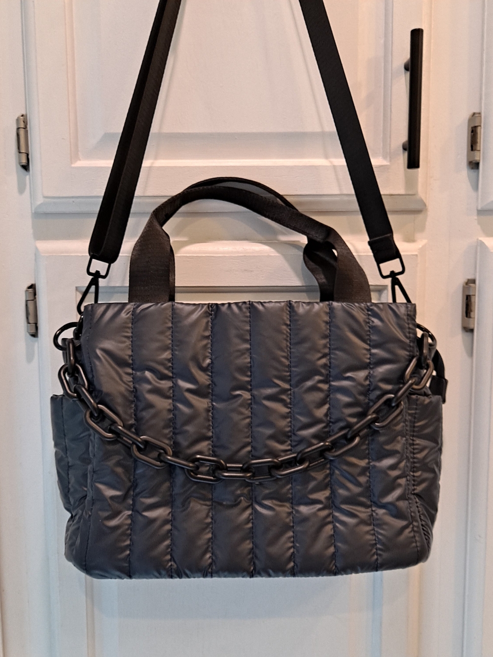 BC Quilted Puffer Crossbody Navy Dark Gray Chunky Chain Accent Lightweight Cozy